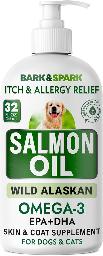 BARK&SPARK lõheõli koertele ja kassidele - looduslik oomega-3 kalaõli koertele - naha ja karva tugi - vedel toidulisand lemmikloomadele - EPA + DHA Rasvhapped liigese funktsiooni, immuunsüsteemi ja südame tervise 32oz