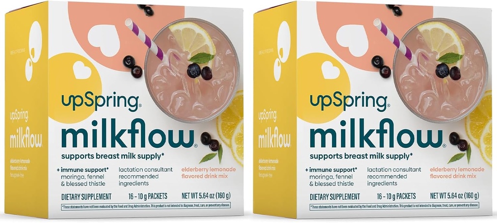 UpSpring Milkflow Immuunsüsteem Toetus Rinnaga toitmine Täiendus Jook Segu lambaläätsevaba, Moringa | Elderberry Lemonade Maitse | Imetamislisand rinnapiima pakkumise toetamiseks | 2 Pack