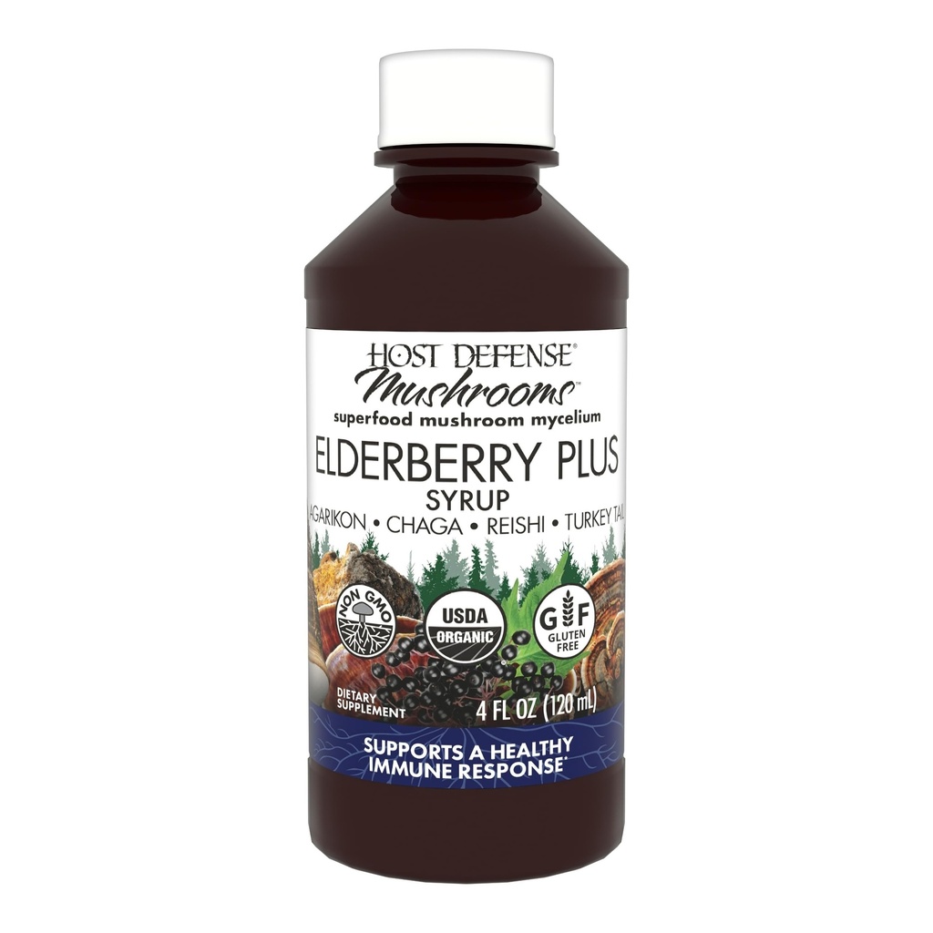 Host Defense Elderberry Plus Syrup - Immune, Respiratory & Lung Support Supplement * - Vedel Seenelisa Türgi Saba, Reishi, Agarikon & Chaga * - 4 fl oz (12 Servings)