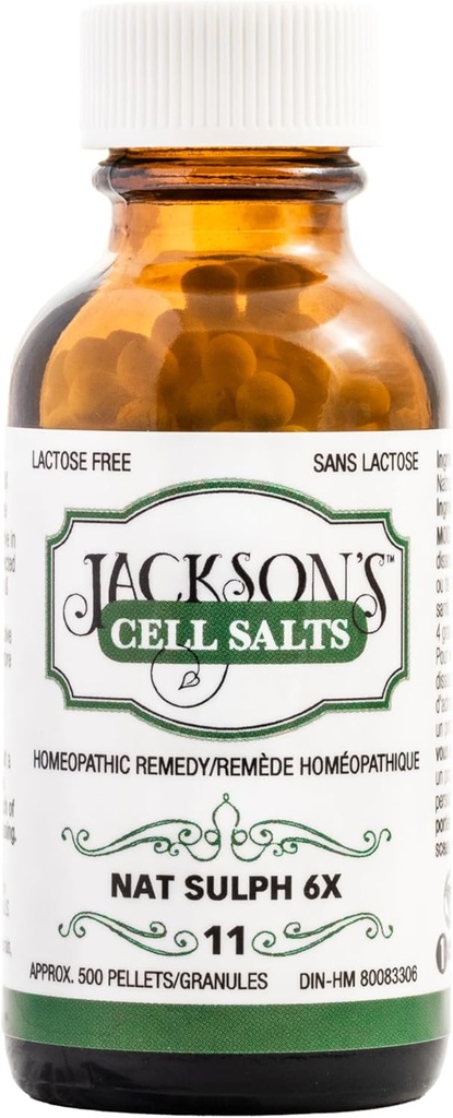 Jackson's #11 Cell Salt NAT Sulph 6X (500 Pellet Pudel) - Sertifitseeritud Vegan, Laktoosivaba Schuessler Kude Sool Natrum Sulphuricum 6X