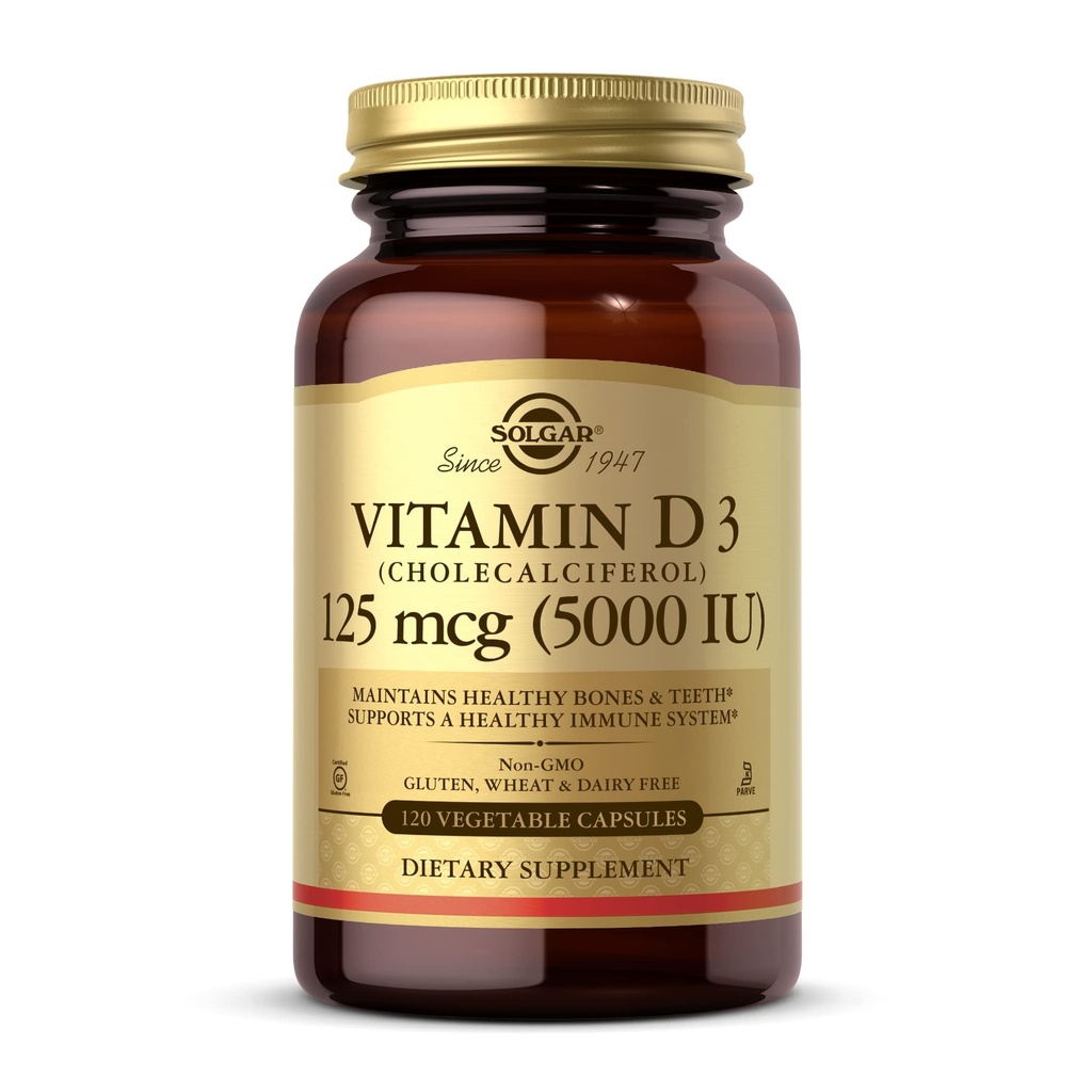 Solgar Vitamiin D3 (kolekaltsiferool) 125 mcg (5000 RÜ), 120 taimsed kapslid - aitab säilitada tervislikke luid & hambaid - Immuunsüsteemi tugi - mitte-GMO, gluteenivaba, piimavaba, Kosher - 120 Servings