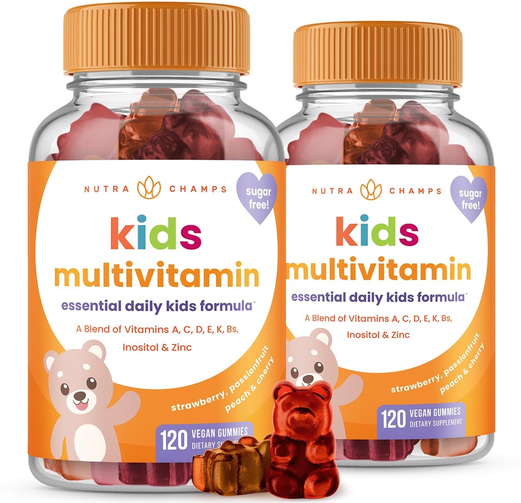 NutraChamps 120 Kummi vitamiinid lastele (pakk 2), Suhkruvabad lapsed Vitamiinid Gummy Multivitamiin, Vegan & Non-GMO, Maasikas, Passionfruit, Virsik & Cherry