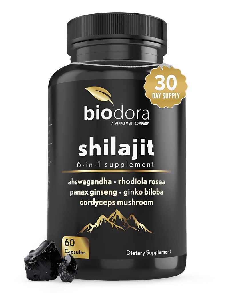 6-in-1 Shilajit Supplement 300mg, Mood ja energia toetus täiendada 60mg puhas Ashwagandha, Rhodiola Rosea Panax ženšenn immuunsüsteemi toetust, mälu ja fookus, 85 + Trace Minerals, 60 kapslit