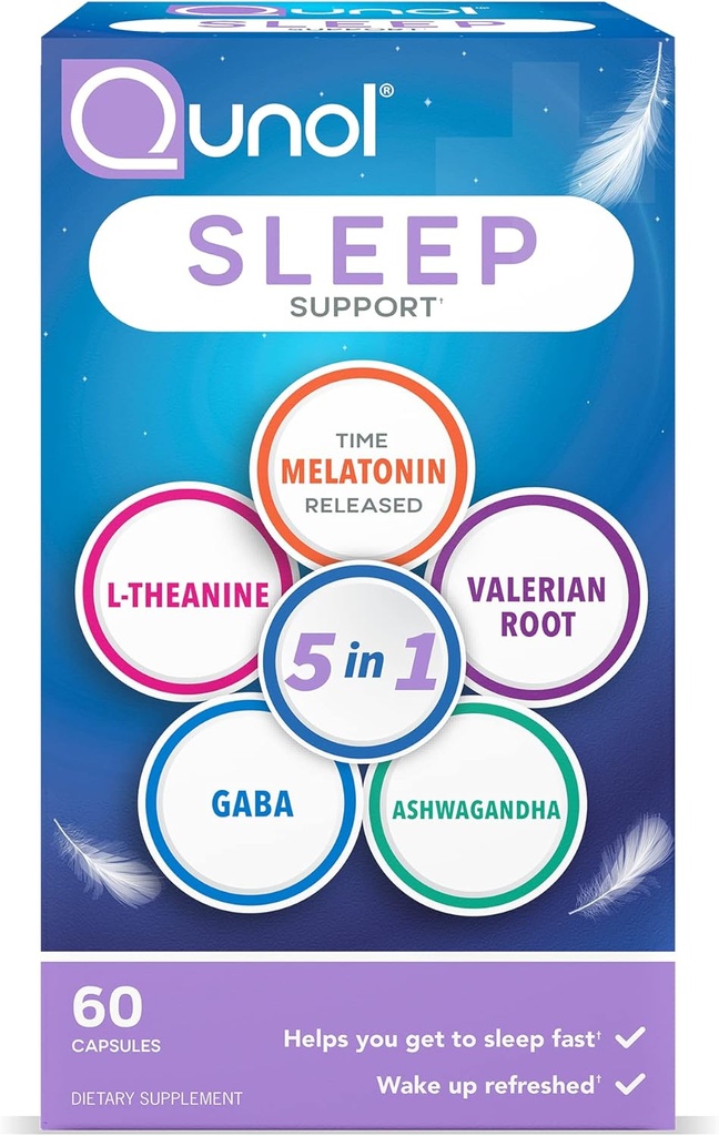 Qunol Sleep Support, 5 in 1 Non-Habit Forming Sleep Aid, täiendus koos ajaga vabastatud melatoniin 5mg, Ashwagandha, GABA, Valerian Root, L-Theanine, 60ct kapslid
