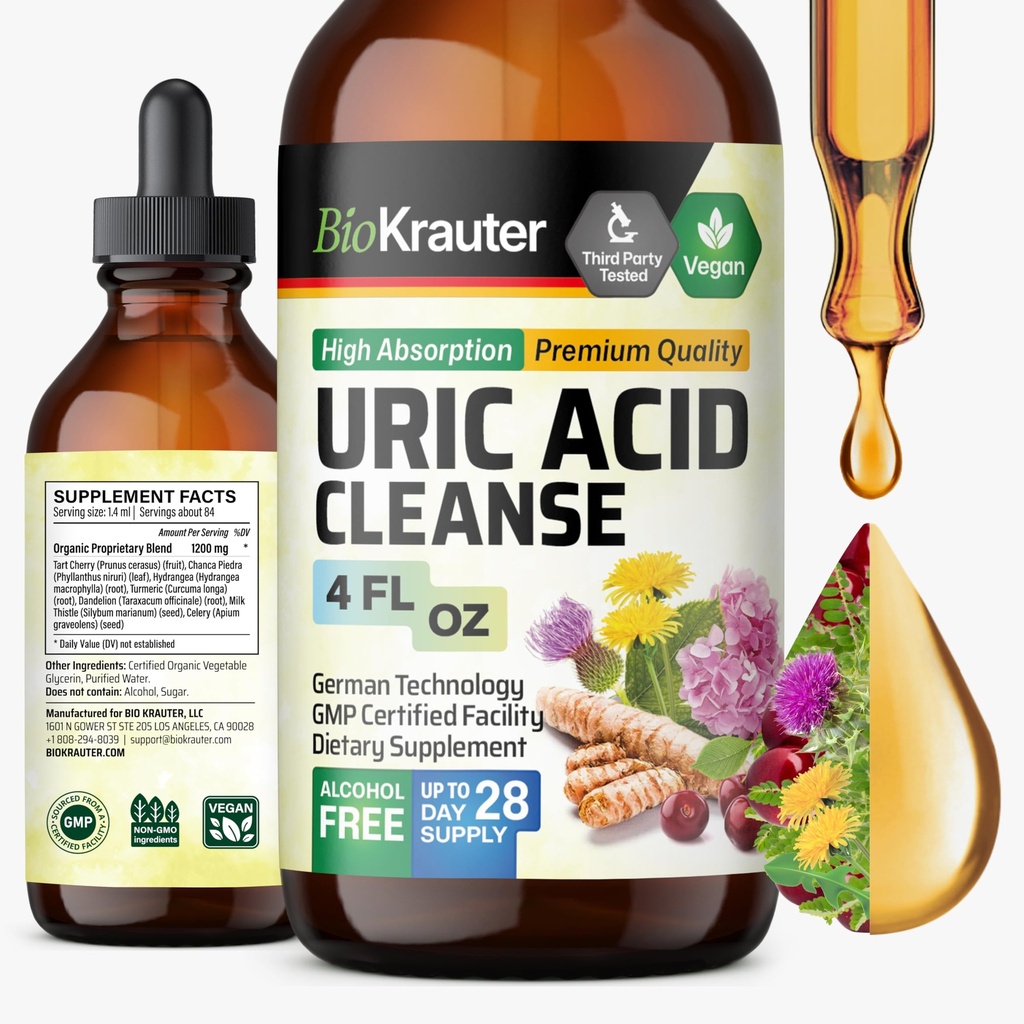 BIO KRAUTER Uric Acid Support Tinktuura - Natural neeru Supplement w/Tart Cherry, Milk Thistle, Kurkum taimse vedeliku ekstraktid - Vegan Drops 4 Fl.Oz.