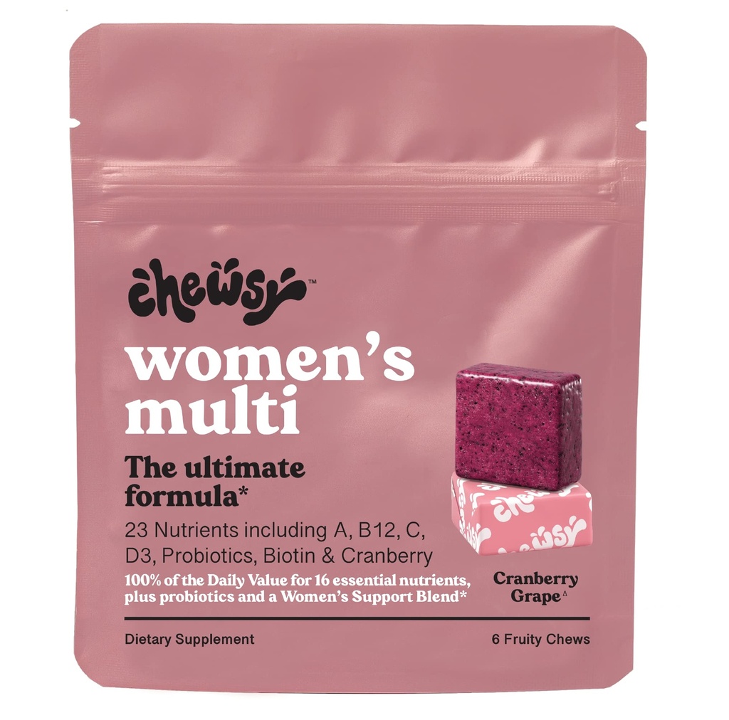 Chewsy - Naiste multivitamiini närimiskoogid - immuun- ja energiatoetus, vitamiinid C, B12, A, D, E, foolhape, probiootikumid, biotiin - 6-päevane pakkumine