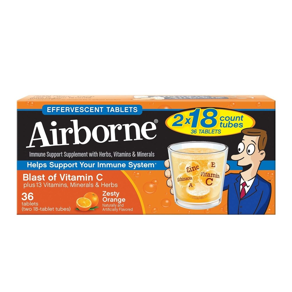 Vitamiin C 1000mg (ühe portsjoni kohta) - Airborne Zesty Orange Effervescent tabletid (36 arvu karbis), Gluteenivaba immuunsüsteemi tugi täiendada ja kõrge antioksüdandid