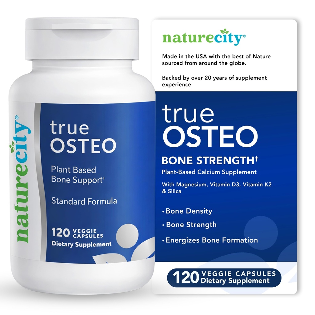 NatureCity True-Osteo taimepõhine lisand luu tugevusele | vetikakaltsium ja magneesium, taimepõhine D3-vitamiin, K2-vitamiin, räni õrn kõhul (120 köögiviljakapslit)