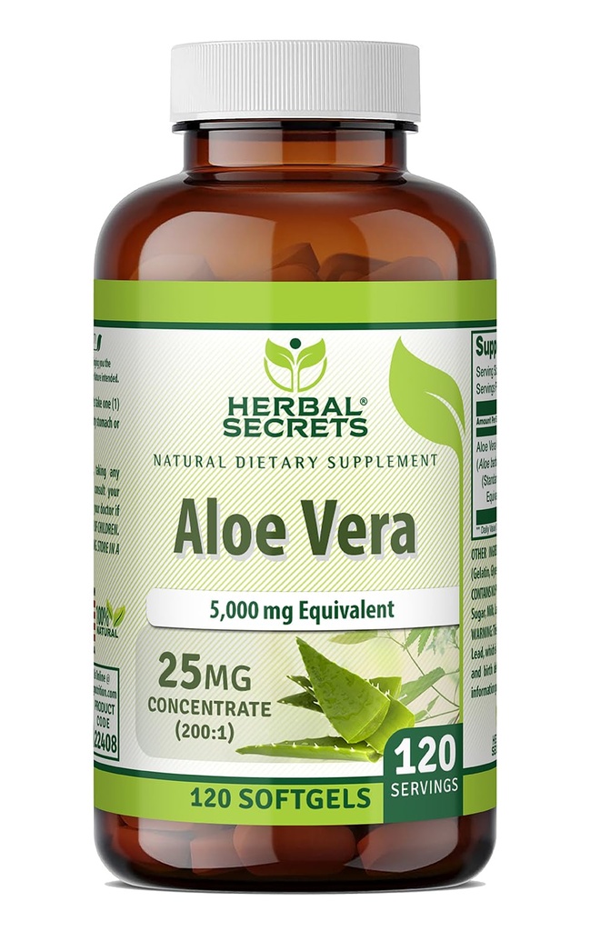 Taimsed saladused Aloe Vera 25 Mg Kontsentraat 200: 1 | 5000 Mg ekvivalent | 120 Softgels | Mitte-GMO | Gluteenivaba | Valmistatud USA-s