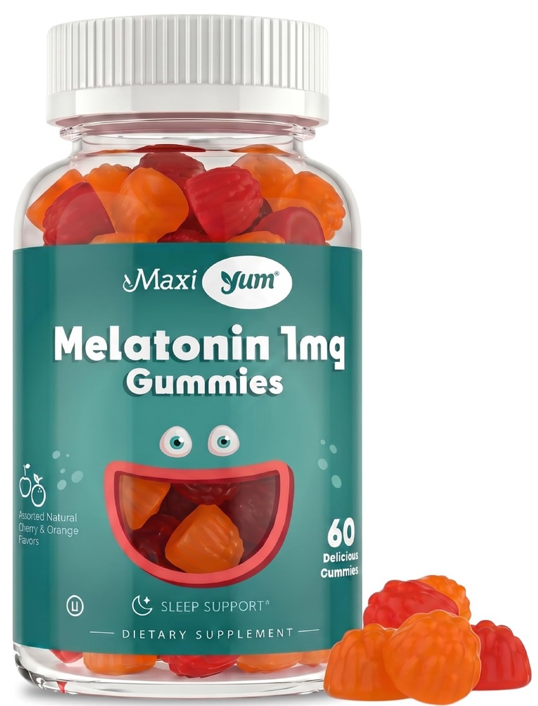 Maxi Health 1mg Melatoniin Gummies - Kids Melatoniin närimiskummid loodusliku kirsi ja oranži maitsega - Täiskasvanute ja beebide une abilisa, et toetada rahulikke öid (60 loend)