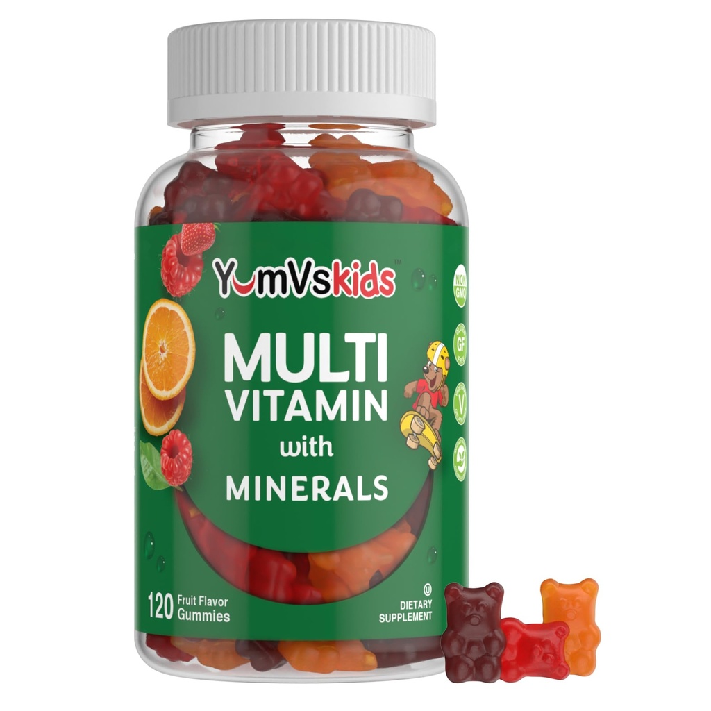 YumVs Kids Multivitamiin Gummies - Puuviljamaitselised närimiskummid Laste multivitamiinid - Lapsed Vitamiinid Multivitamiinkummi 12 mineraali ja vitamiinidega A C D3 E B6 B12 (120 loend (pakk 1))