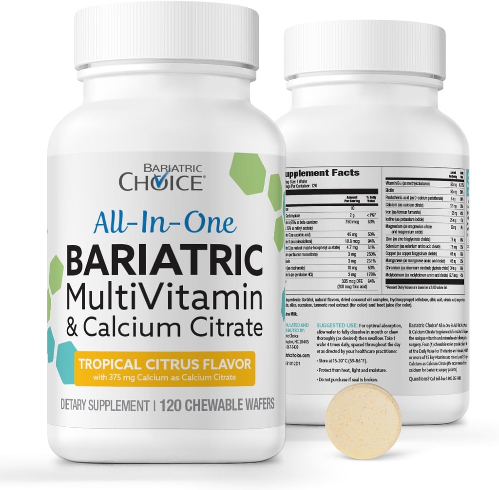 Bariatric Choice All-in-One Näritav Bariatric MultiVitamin Raud & Kaltsiumtsitraat, Troopiline tsitrusviljad (120ct)