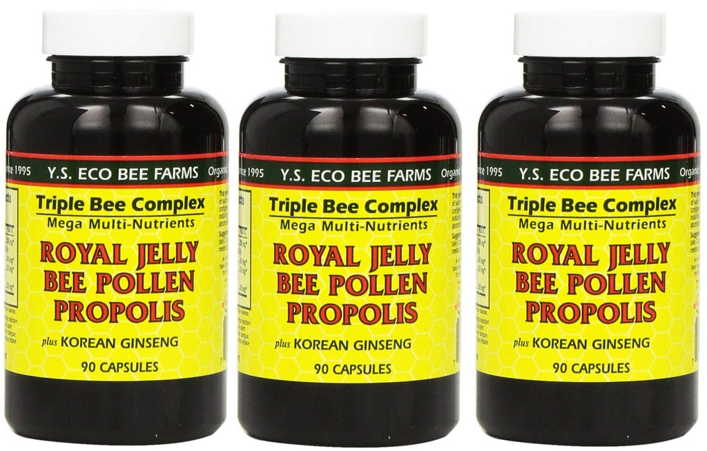 Y.S. Eco Bee Farms, (3 Pack) Royal Jelly, Bee Pollen, Propolis, Plus Korea ženšenn, 90 kapslit