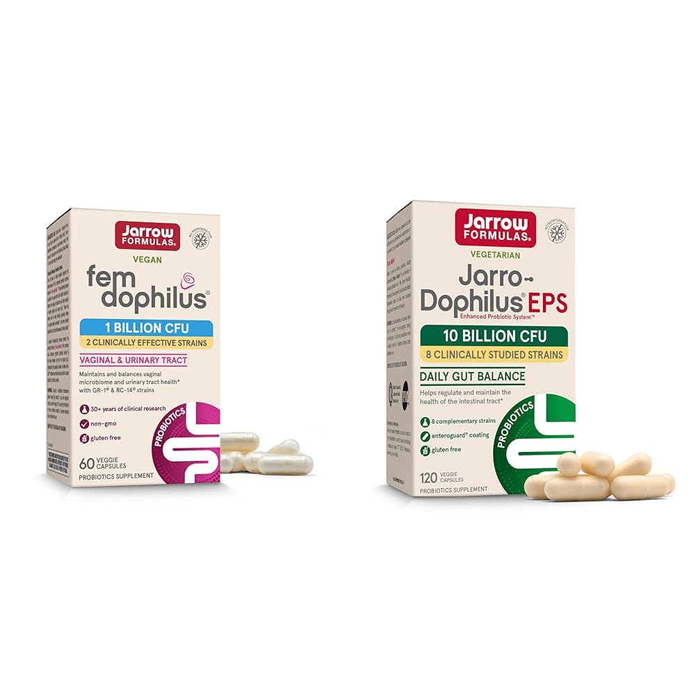 Jarrow valemid Probiootikumid Bundle Fem-Dophilus 1 Miljard CFU ja Jarro-Dophilus EPS 10 Miljard CFU, 180 Veggie kapslit