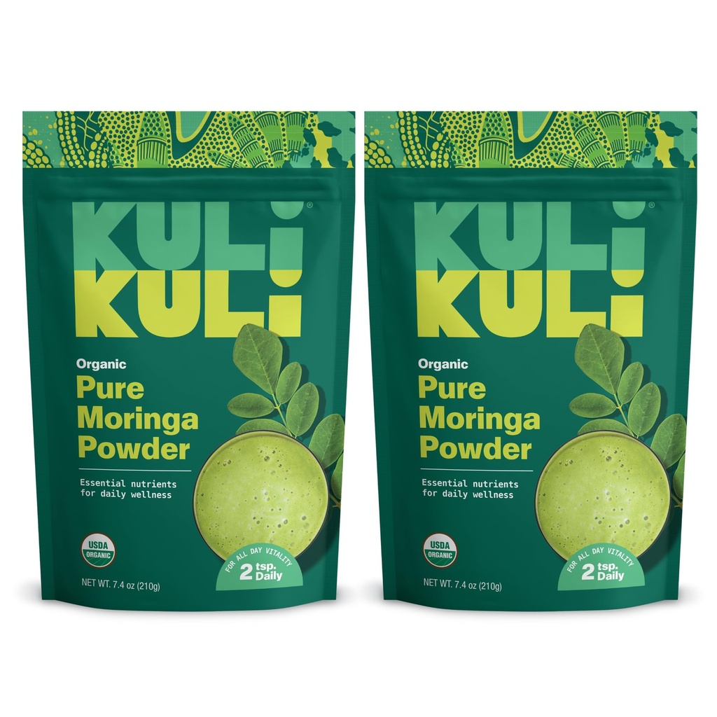 Kuli Kuli Moringa Oleifera Organic Leaf Powder & Green Smoothie, 100% Pure USDA Certified & Non-GMO Moringa Pulber, Great koos smuutide, tee ja toiduga, 2 Pack