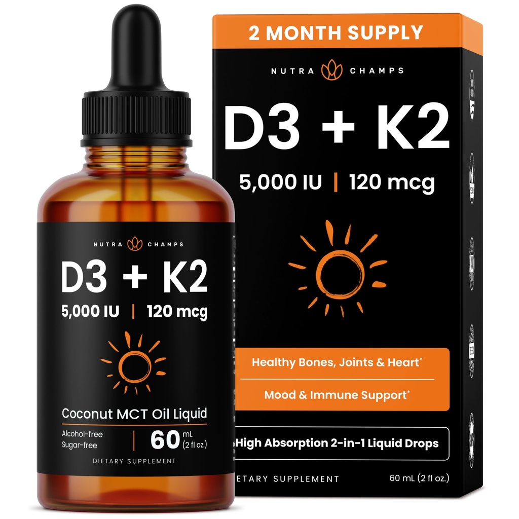 NutraChamps Vitamiin D3 K2 tilgad, vedel Vitamiin D3 5000 RÜ ja K2 D3 MK7-ga, D-vitamiini tilgad lastele, luud, süda ja immuuntervis, vedel D-vitamiin MCT õlis paremaks imendumiseks