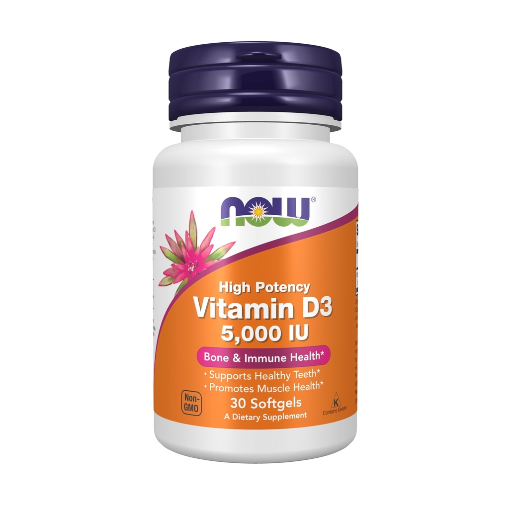 NOW Supplements, Vitamiin D3 5000 RÜ, kõrge potentsi, struktuurne tugi *, 30 Softgels