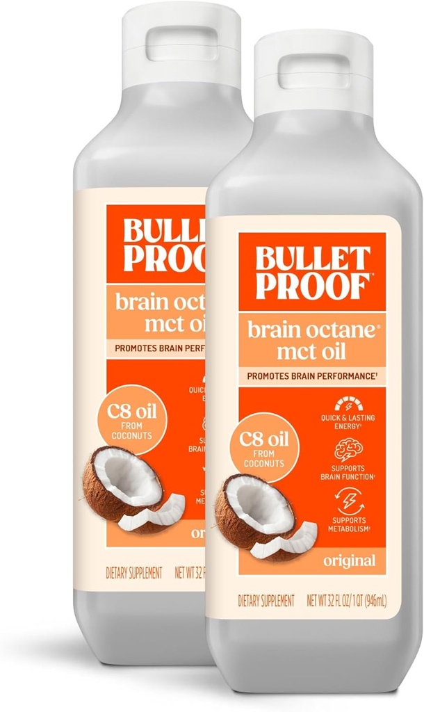 Bulletproof Brain Octane C8 MCT Oil, 32 Ounces (Pack of 2), Keto Supplement for Sustained Energy and Metabolism Support, Packaging May Varary