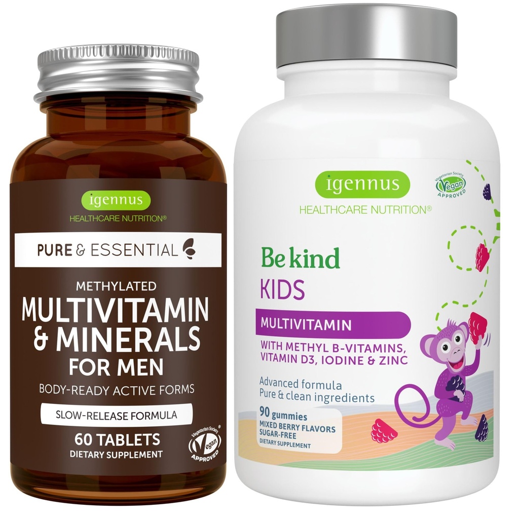 Multivitamiinid ja mineraalid meestele + edasijõudnutele lastele Multivitamiin Gummy Vegan Bundle, metüülitud B-vitamiinidega, A-vitamiiniga, C-vitamiiniga, D3 & E-vitamiiniga, puhta etiketiga, 60 tabletti + 90 Berry Flavor Gummies, autor Igennus
