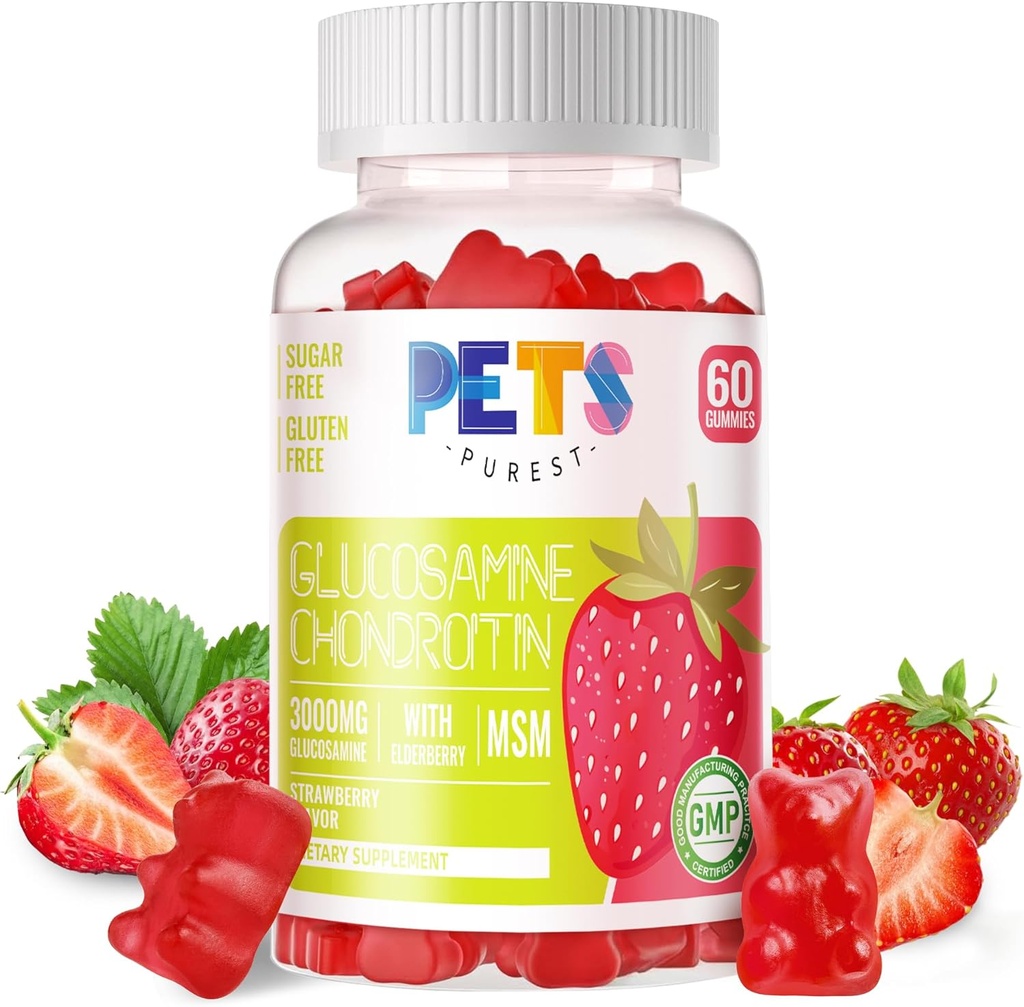 Lemmikloomad Puhtad Glükosamiini Kondroitiin Gummies koos MSM & Elderberry Extra Tugevusega - ühine tugi, antioksüdantide immuuntoetus täiskasvanutele, meestele ja naistele. Maasikas