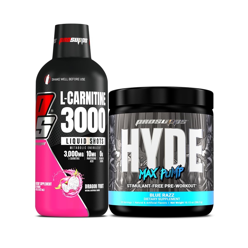 PROSUPPS L-karnitiin 3000 stimuleerivat tasuta vedelikku (31 serveerimist, lohepuuvilja) ja Hyde Max Pump Pre Workout meestele ja naistele (20 Servings, Blue Razz)