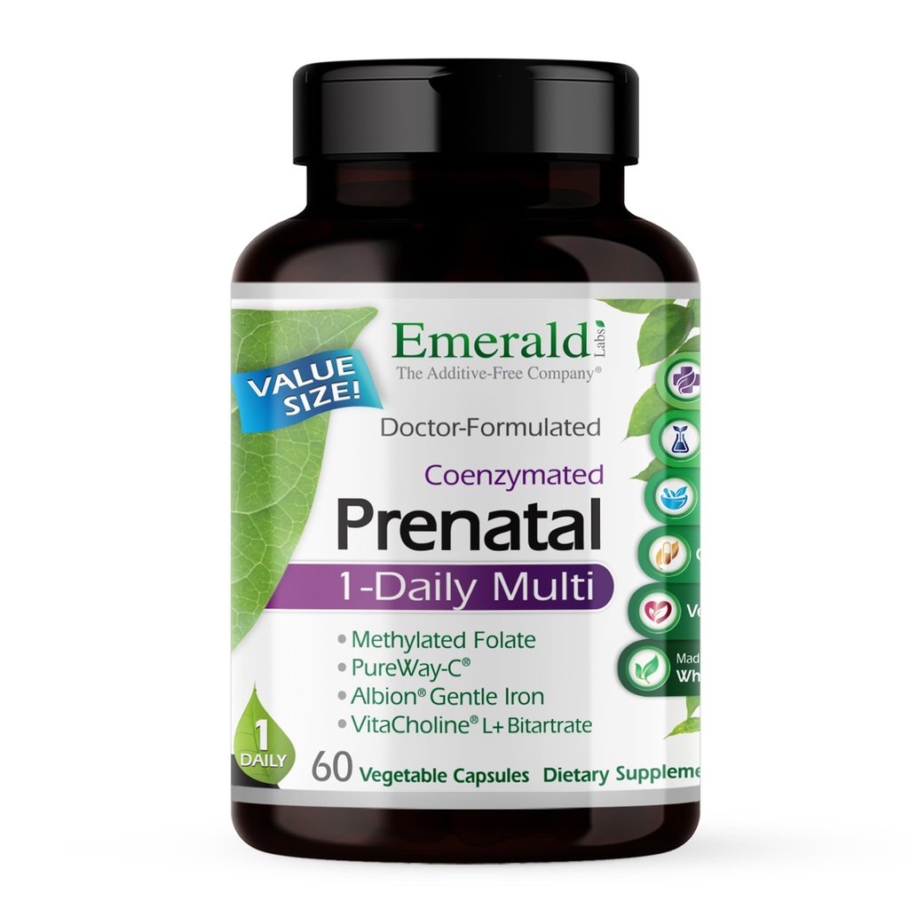 EMERALD LABS Prenataalne 1-päevane multi - prenataalne multivitamiin metüülitud folaadi, raua, täistoidusegu ja muuga - sojavaba, gluteenivaba - 60 köögiviljakapslit