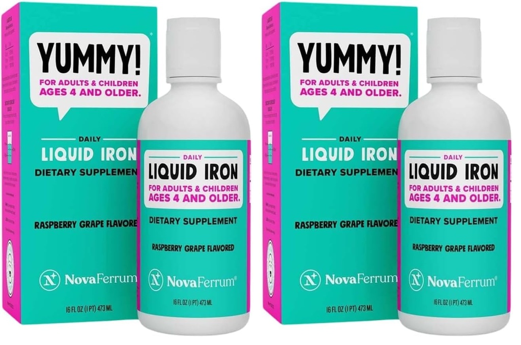 NovaFerrum Yummy 16 Fl Oz | Liquid Iron Supplement for Ages 4 & Up | 18mg of Iron/Tbsp | Gluten Free | Sugar-Free | Raspberry Grape (Pack of 2)