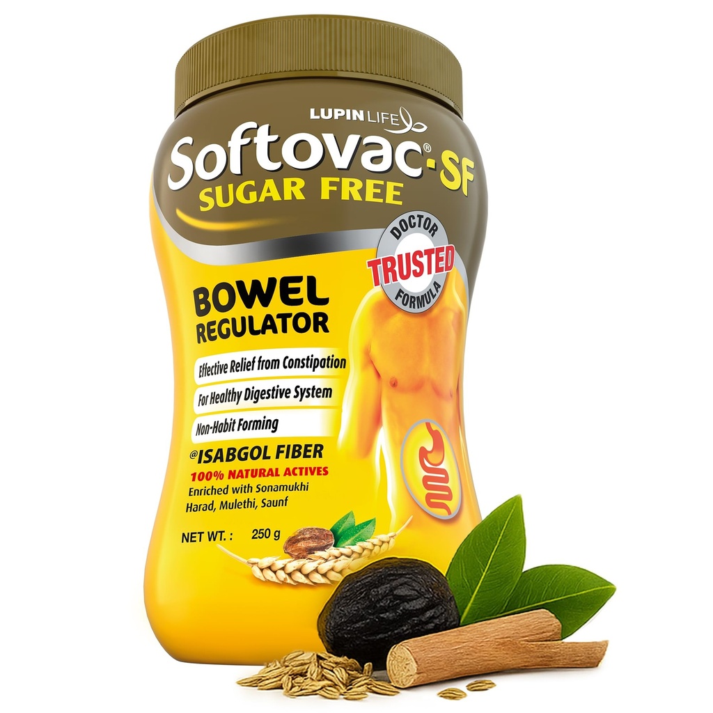 Softovac Isabgol Fiber Plus+ Formula 250g | Sugar free | Psyllium Husk + Natural Actives | Complete Relief from Constipation, Gentle on Stomach - Natural Bowel Regulator for Adults
