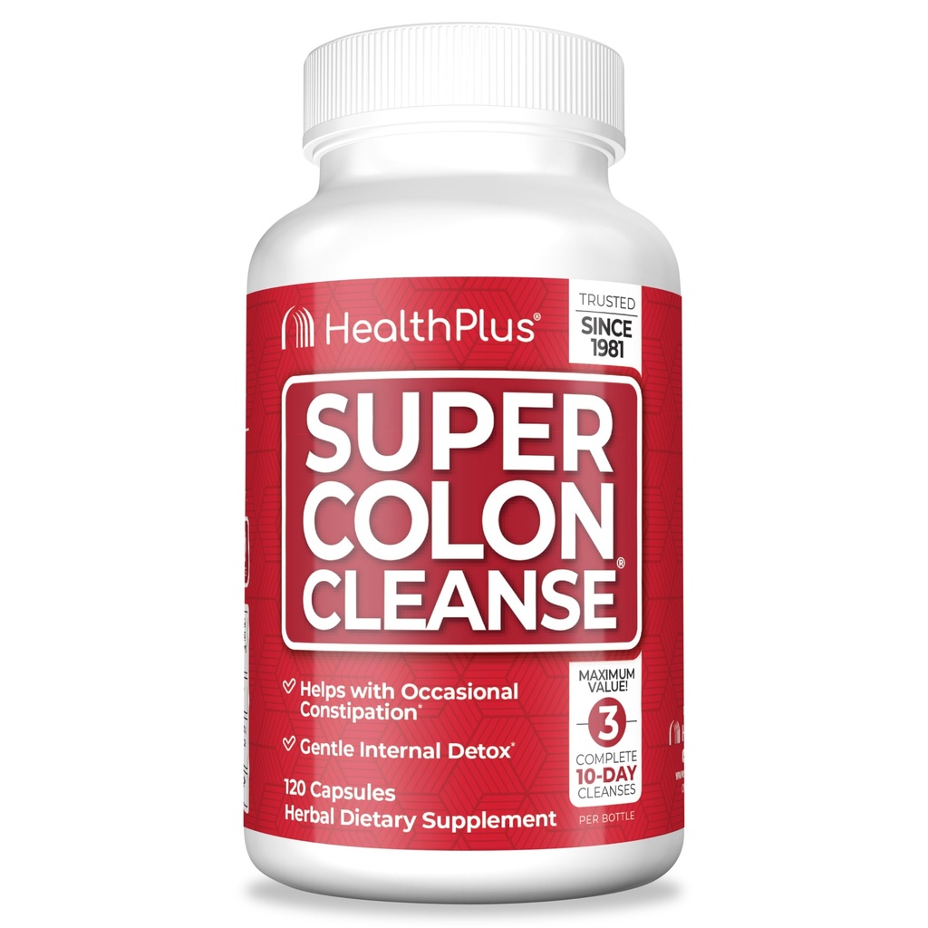 Health Plus Super Colon Puhastage 30-päevane õrn soolestiku puhastamise detox, Psyllium Husk, kõhukinnisuse leevendamise probiootikumid ja seedetrakti tugi, 120 kapslit