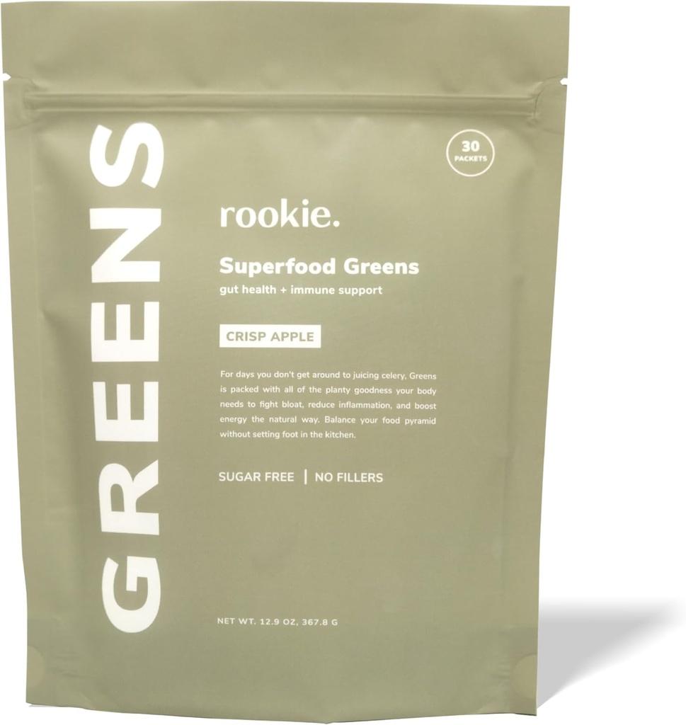 Rookie Wellness Greens + Superfoods - Rohelised supertoidud Pulberjook, mis on valmistatud kogu toidust pärinevatest koostisosadest, sisaldab vitamiine, probiootikume, antioksüdante ja Baobabi kiudu (30 Servings, Crisp Apple)