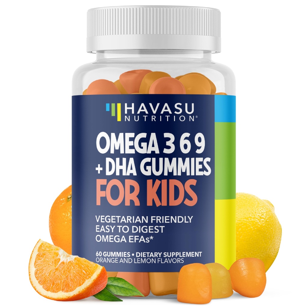 Omega 3 6 9 + DHA-kummid lastele - taimetoitlane, taimepõhine kalaõli DHA-ga ja EPA lastele 2+ keha ja aju arengu toetamiseks - kala maitset ei ole - sidrun ja oranž maitse - 60 krahv