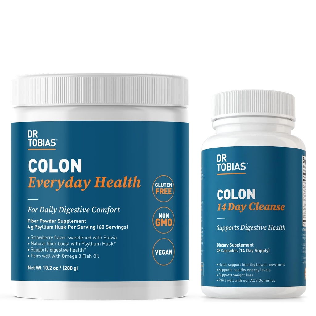 Dr Tobias Colon 14 päeva puhastamine ja Colon igapäevane tervis, täiustatud soolestiku puhastamine Detox & igapäevane seedetrakti tugi koos Psyllium Husk Fiber Powder, Seedetrakti Wellness Bundle, Non-GMO