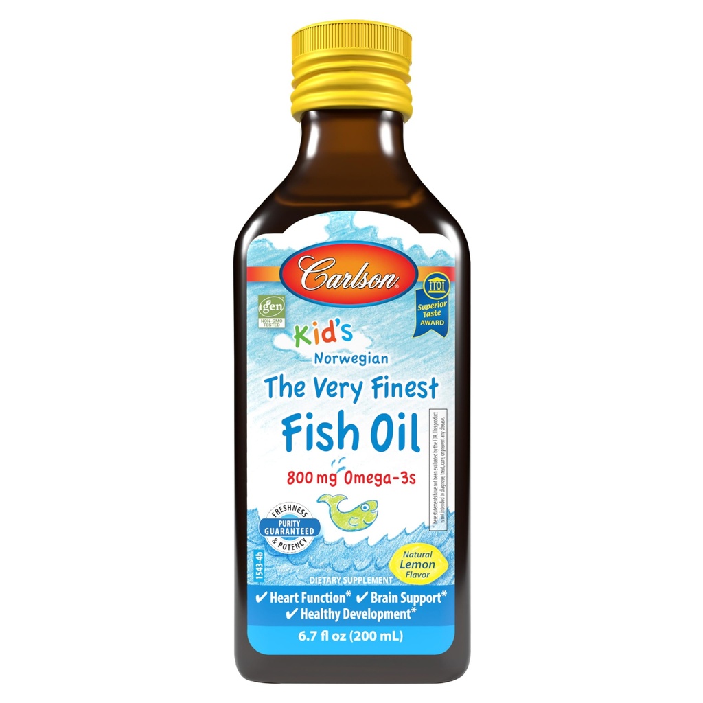 Carlson - Kid's The Very Finest Fish Oil Vequid, 800 mg Omega-3s, Norwegian, Wild-Caught Fish Oil, Omega 3 Vedel lastele, Jätkusuutlikult Allikas, Sidrun, 200 ml
