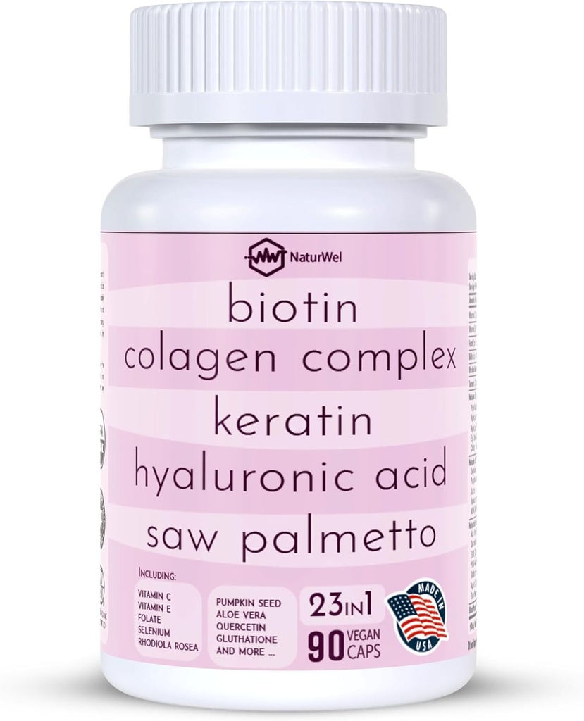 Kollageen 1000mg Rhodiola Rosea 2500mg Biotin 10 000mcg, hüaluroonhape, DHT Blocker, C & E-vitamiin, foolhape, Aloe Vera, Quercetin, roheline tee, Keratin, MSM - 90 Count (90 Count (Pack of 1)