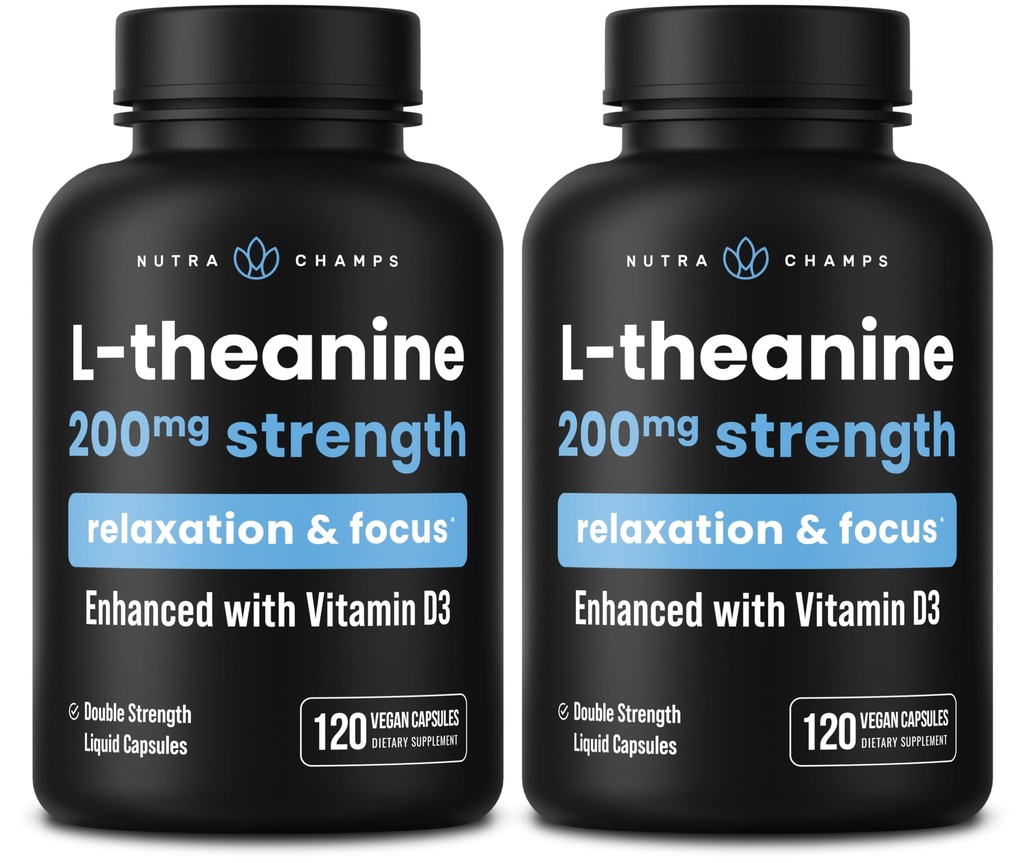 NutraChamps L-Theanine 200mg kapslid, kahekordse tugevusega L-Theanine Vedel D3-vitamiiniga, orgaaniline kookosõli, 120 vegankapslit (2. pakk)