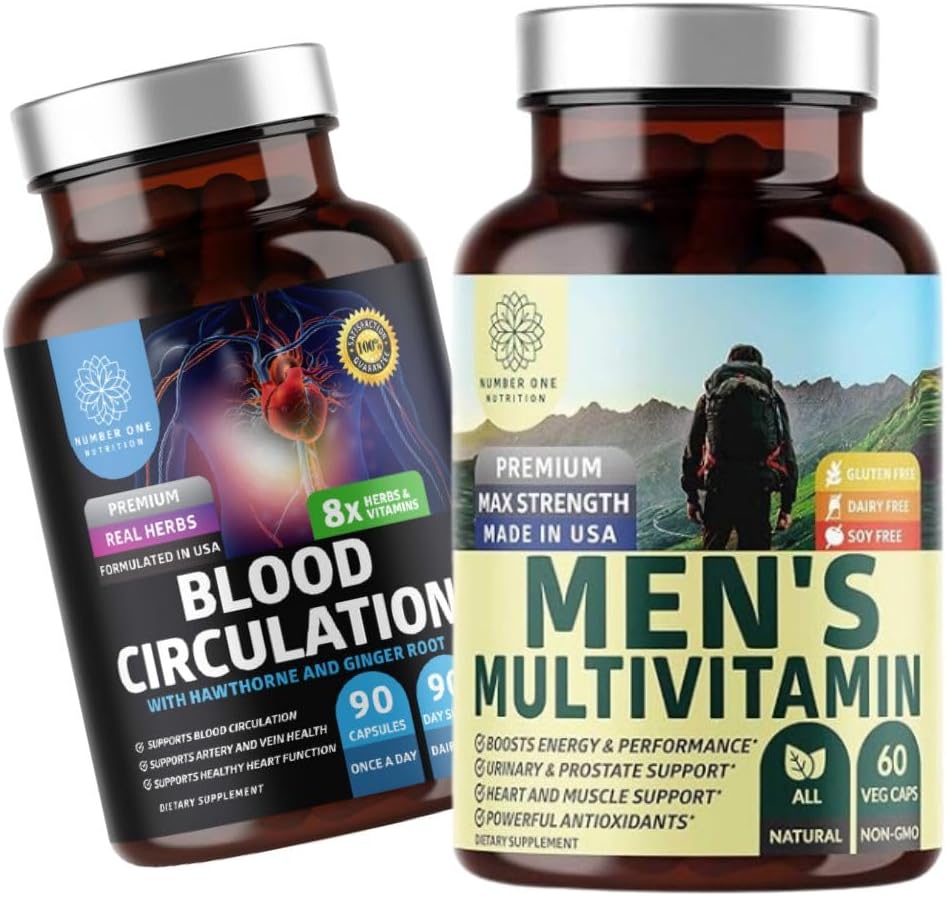 Number üks Toitumine N1N Premium Meeste igapäevane multivitamiin [vitamiinid A C E D, magneesium, tsink] ja vereringluse täiendus [8 võimsat maitsetaimed ja vitamiinid], 2 pakendikomplekt