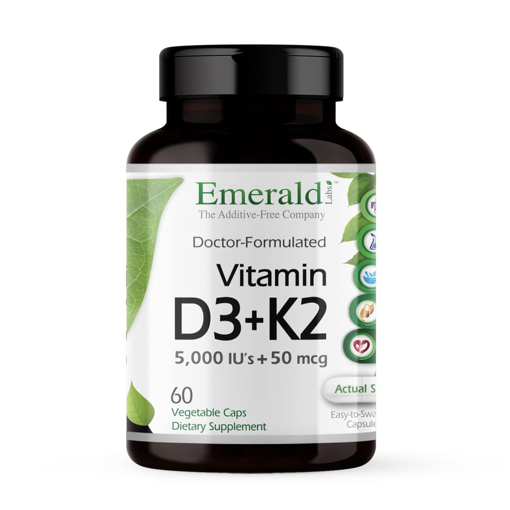 EMERALD LABS Vitamiin D3+K2 - Vitamiin D & VitalDelta MK-7 luude tervise ja südame toetamiseks * - taimetoitlane, gluteenivaba, kliiniline tugevus - 60 köögiviljakapslit