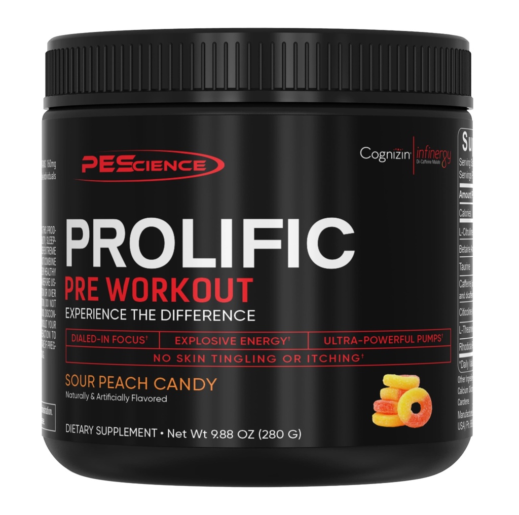 PEScience Prolific Pre Workout Pulber meestele ja naistele, kellel on L-tsitrulliin lämmastikoksiidi võimendaja, energiapulber ja Nootropic for Focus - Preworkout Ilma beeta-alaniin - 40 Scoops, Hapu virsikukomm