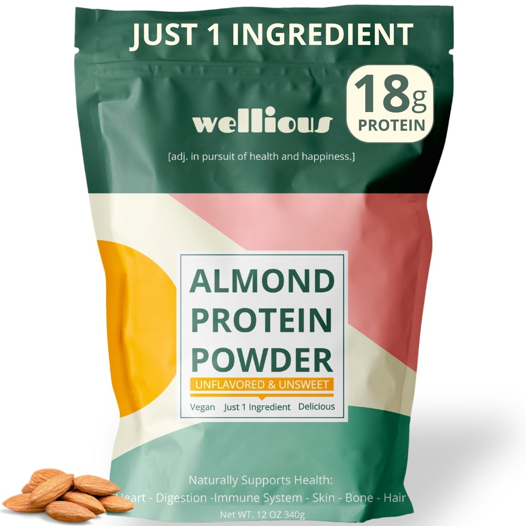wellious Almond Vegan Protein Powder, Unflavored, 18g Protein, Soy-Free