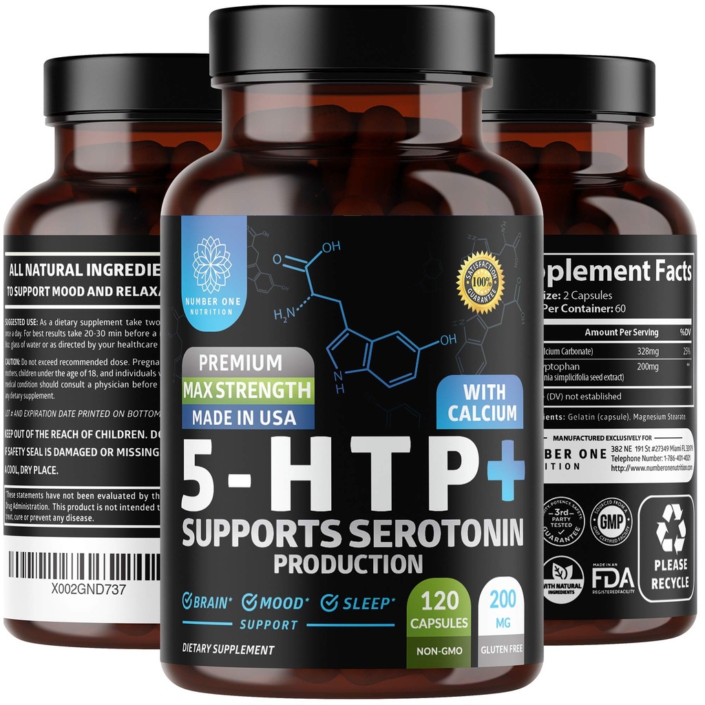 N1N Premium 5-HTP 200mg Plus Kaltsium, valmistatud Griffonia Seed Extract, Non GMO ja Gluten Free, 120 Caps