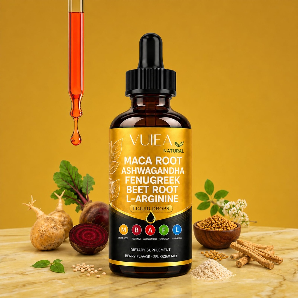 Vuiea Maca Root Drops, Herbal Liquid Blend with Ashwagandha, Fenugreek & Beet Root, Daily Wellness Support | Energy & Vitality Support | Nourishing Formula | Easy Liquid Absorption, 2 Fl Oz