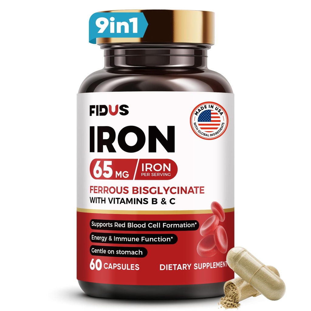 Fidus Iron Complex 65mg (Iron Bisglycinate 350mg) with Vitamin C, B-Complex, Zinc & Copper for Women & Men | Vegan | Made in USA | Weekend Adventure Lifestyle | 60 Capsules