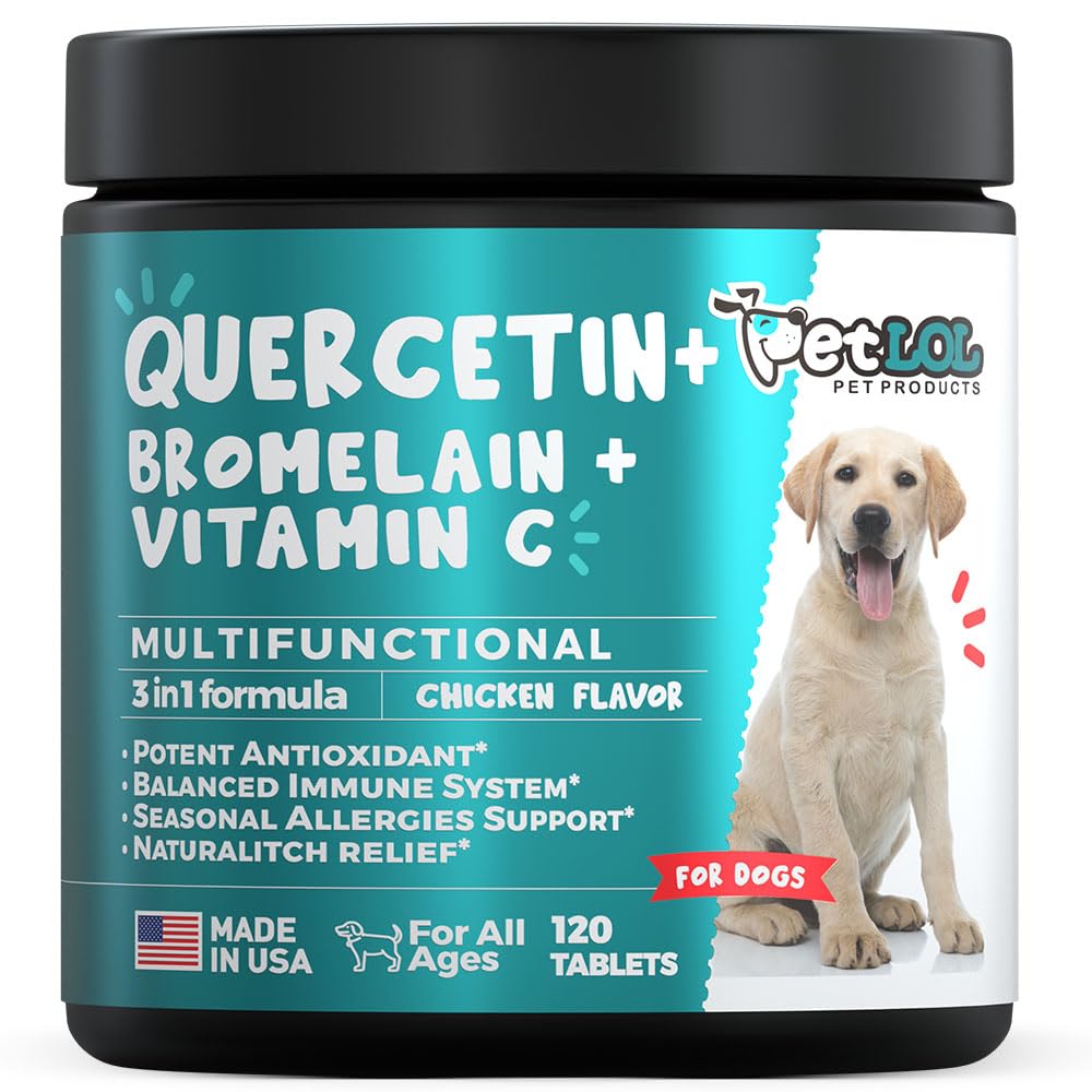 Quercetin koertele Bromelain & C-vitamiin - allergia ja sügelev abi, immuun- ja põletikuline tugi - 120 närimistabletti, mis on valmistatud USA-s