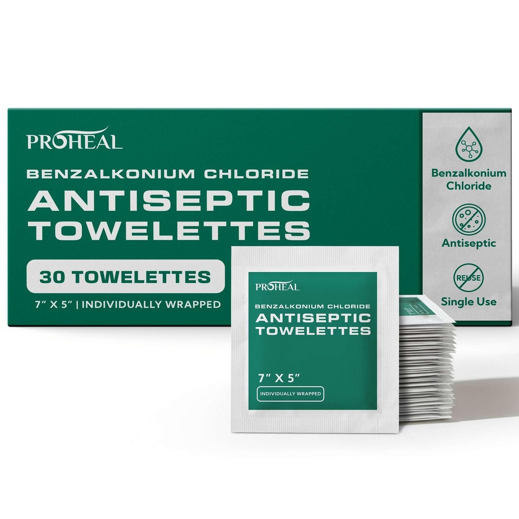 BZK Antiseptic Wipes, 30 Count - 7"x5" Individually Wrapped Benzalkonium Chloride Antiseptic Towelettes - Alcohol Free for Minor Cuts, Scrapes, Burns, and More