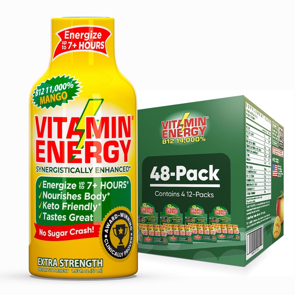 Vitamiin Energia B12 11 000% Extra Strength Energy Shot Mango 48 Pack, 260mg Natural Caffeine, B12 & B6, Nootropic Focus, Vitality, Zero Sugar, Gluteenivaba, Vegan, Kosher, 1,93 fl oz
