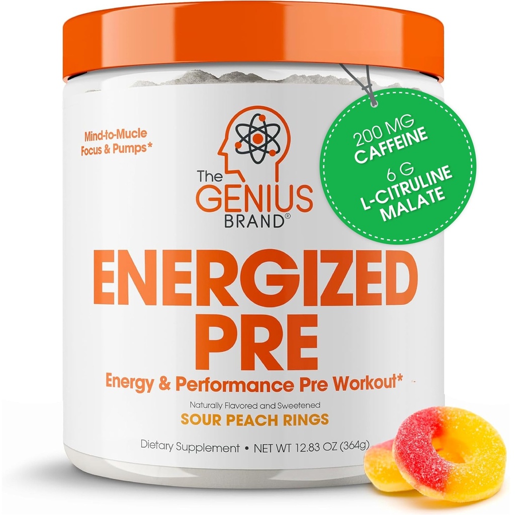 Genius Energized Pre Workout Pulber - Kofeiin Infundeeritud Pre-Workout Booster Supplement Beta Alanine & Alpha GPC, No kunstlik magusained või värvid - 200mg Kofeiin, 20 Servings, Hapu virsikurõngad