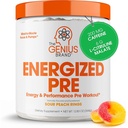 Genius Energized Pre Workout Pulber - Kofeiin Infundeeritud Pre-Workout Booster Supplement Beta Alanine & Alpha GPC, No kunstlik magusained või värvid - 200mg Kofeiin, 20 Servings, Hapu virsikurõngad