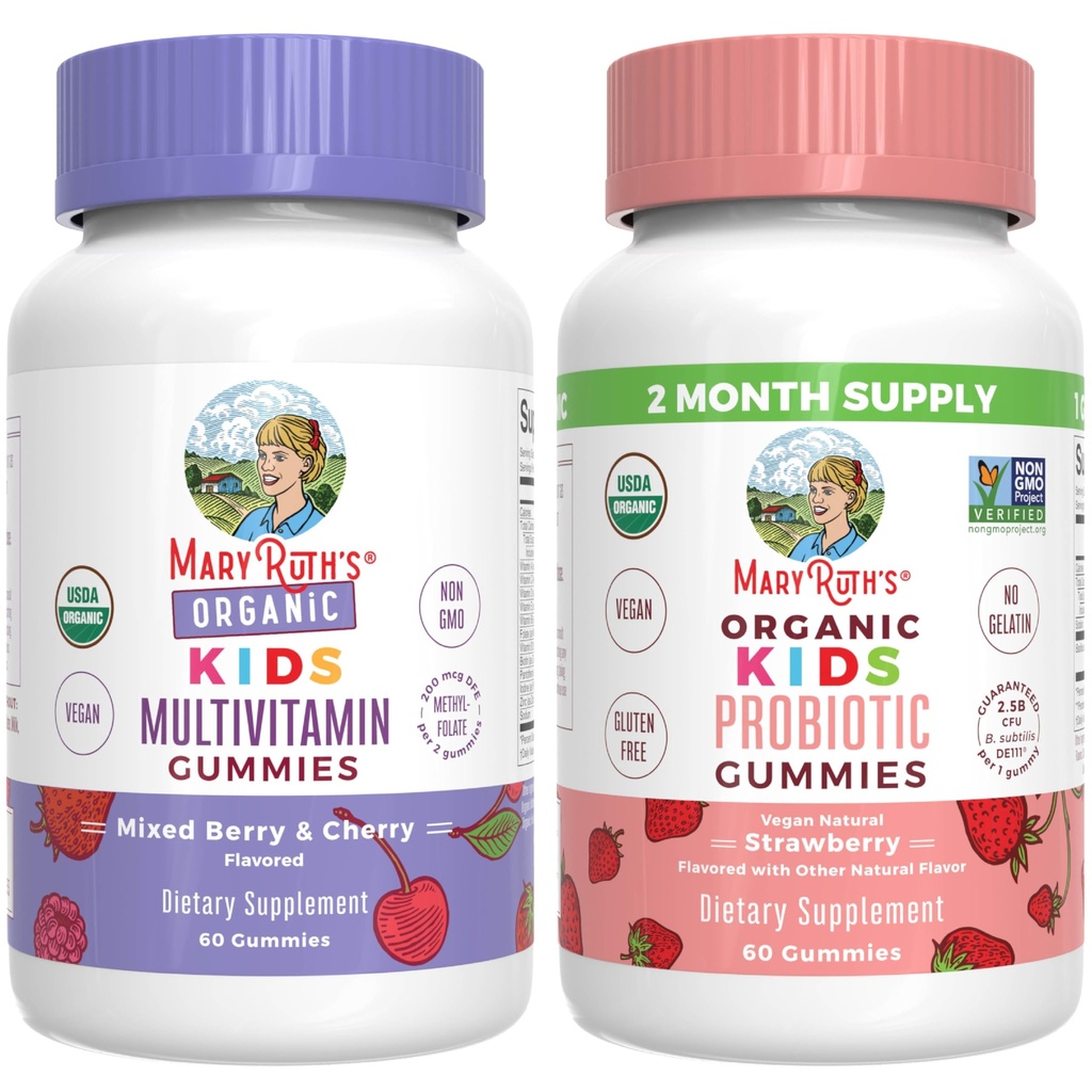 MaryRuth Organics Gummies for Kids-Multivitamin (Mixed Berry & Cherry), & Probiootikum (Maasikas) | USDA Organic, No želatin! Vitamiinid immuunsuse, soolestiku tervise ja üldise heaolu jaoks | Vegan, mitte-GMO
