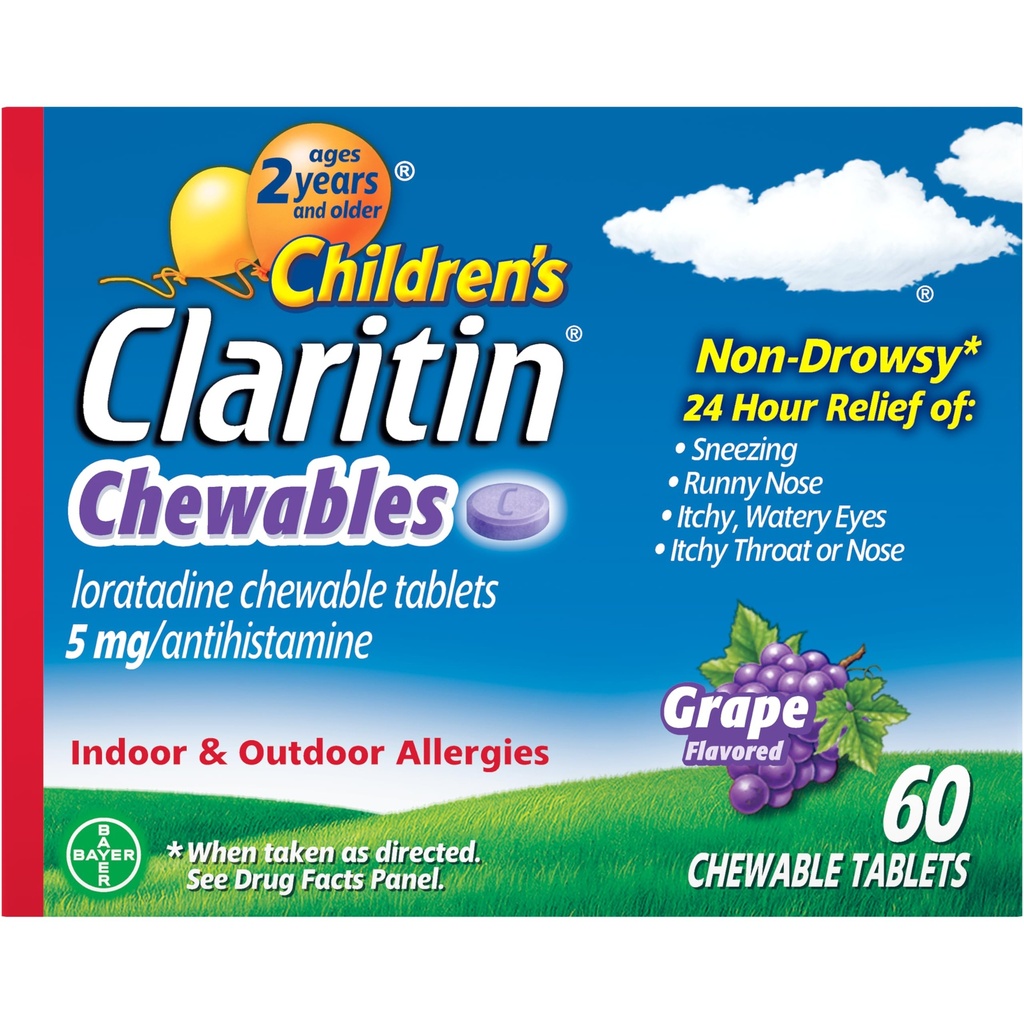 Laste Claritin närimistables 24 HR laste allergia meditsiin, viinamarjad, 60 krahv