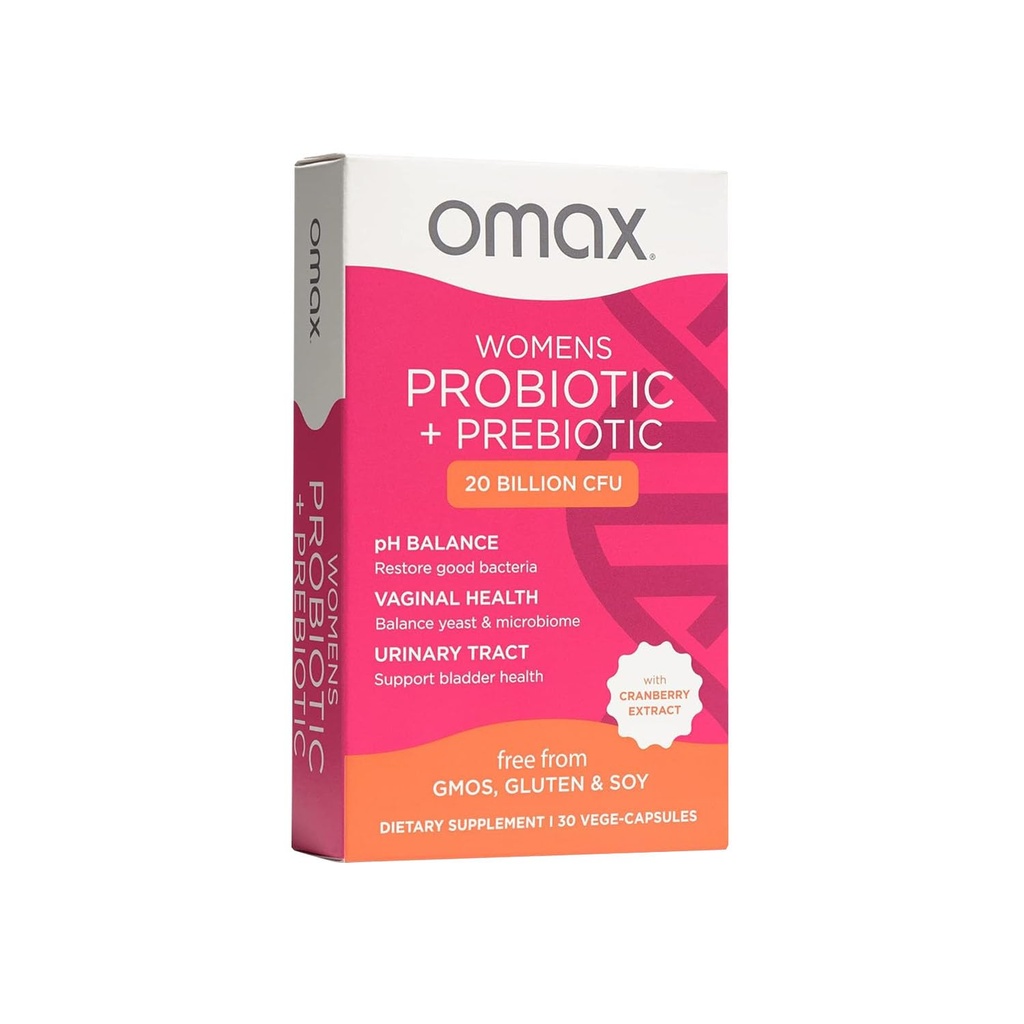 Omax Health Prebiootikumid ja probiootikumid Kompleks naistele, pH tasakaal, Vag Tervis, Kuseteede, Pärm ja BV Ennetamine, Lactobacillus & Bifidobacterium | Vegan, Orgaaniline, Gluteenivaba | 30 Vege-kapslid